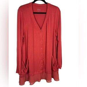 LOGO by Lori Goldstein XL Coral Knit Jersey Cardigan Chiffon Ruffle‎ Hem Pockets